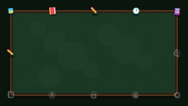 Green chalkboard background with school supplies frame border