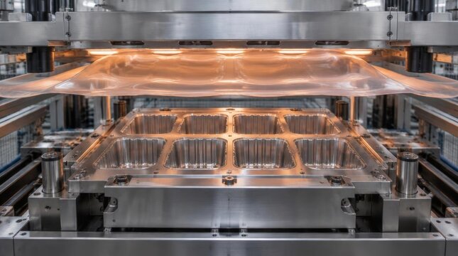 Thermoforming machine shaping heated plastic sheet over a metal mold inside a factory facility
