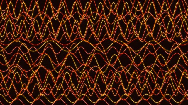 Abstract waveform patterns featuring intricate glowing orange lines interwoven against a deep black background, creating dynamic rhythmic visual energy.