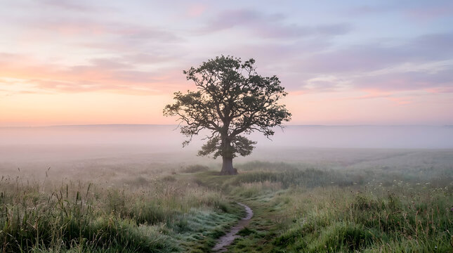 Lone oak tree standing in a foggy green field at sunrise with a narrow dirt path leading towards it under a soft colorful sky
