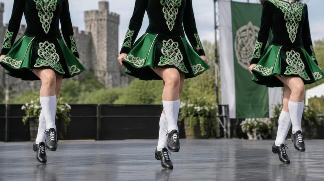 Traditional Irish dancers performing choreography in green velvet dresses on outdoor stage with stone fortress background