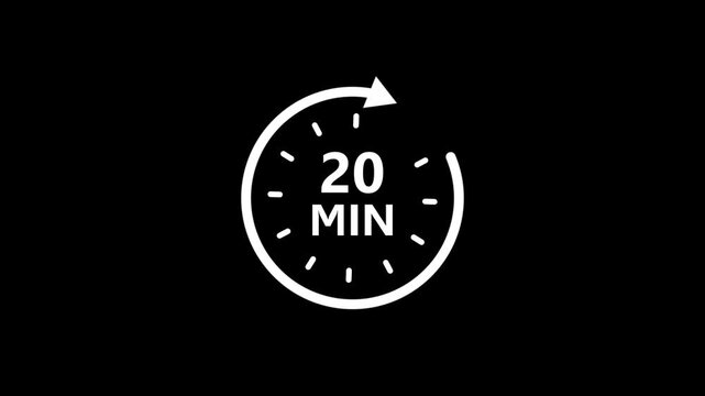 Timer 20 minutes countdown clock with circular arrow on Transparent background. Clock with 20 minute and circular arrows timer animation. 20 Min arrow clock icon animation. alpha channel.