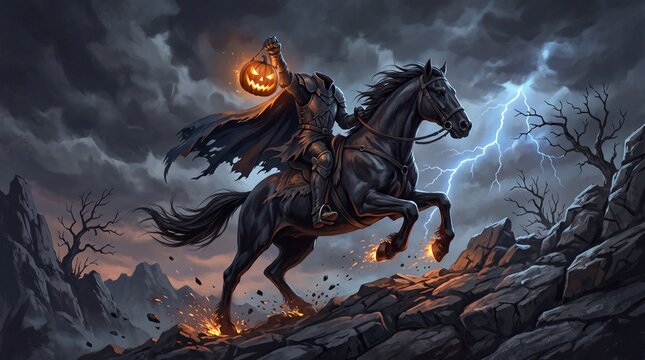 A headless horseman rides a powerful dark steed holding a glowing jack o lantern high amidst stormy skies with fierce lightning flashing across rocky mountain peaks during autumn night.