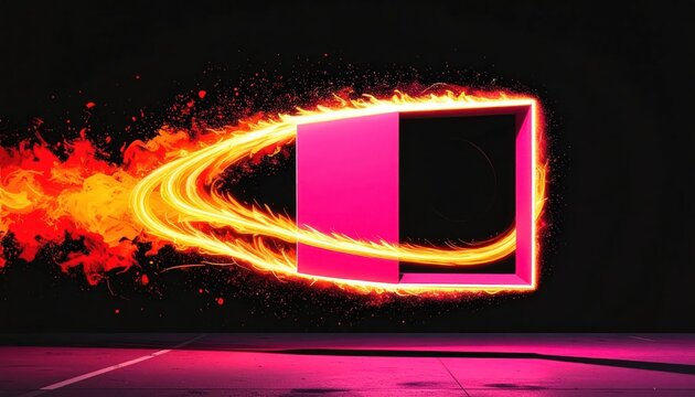 Glowing neon pink frame with circular fire trail.