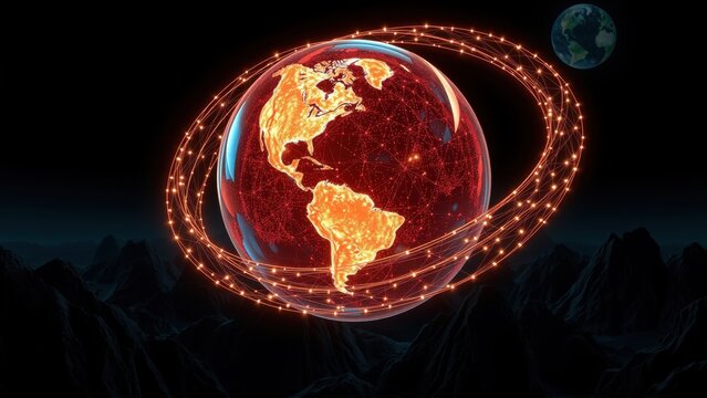 Glowing Earth surrounded by orbiting rings. Mountains visible below, distant moon above. Digital network effect present.