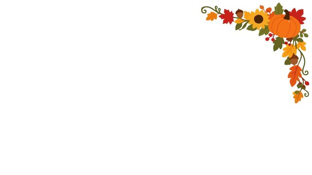 Festive animated Thanksgiving happy border featuring autumn leaves, pumpkins, sunflowers, harvest elements, and decorative seasonal details. Ideal for Thanksgiving greetings, holiday invitations