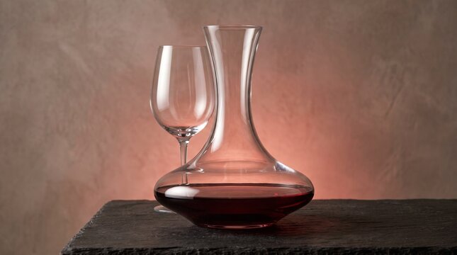 Red wine decanter and empty glass against a warm wall