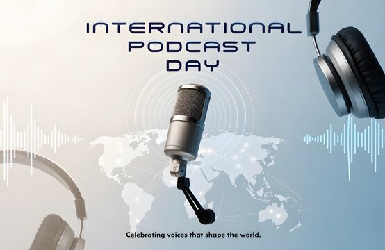 International podcast day promotional graphic with microphone and headphones audio recording digital media sound equipment content creator internet