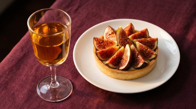 Golden dessert wine with a fresh fig tart on burgundy linen