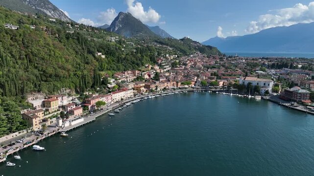 Aerial view of Lake Garda, Toscolano-Maderno, Chiesa dei Santi Faustino e Giovita - Monte Maderno, Province of Brescia, Lombardy, Italy
