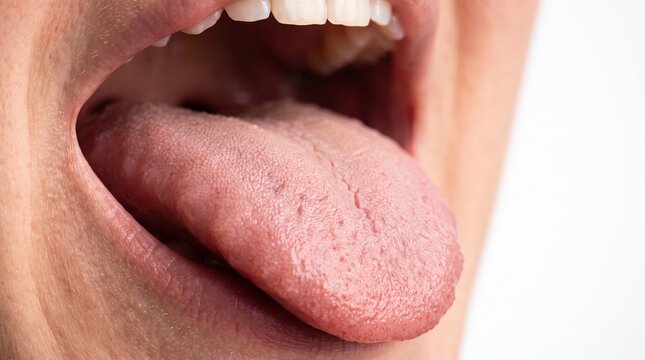 Human tongue extended from mouth showing dental hygiene and oral health examination in a clinical macro photography studio light setup