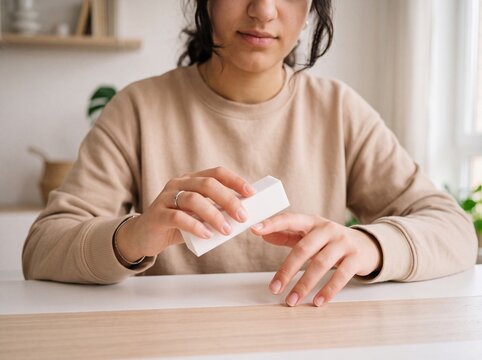 Teenage Girl Using Nail Buffer Block for Manicure