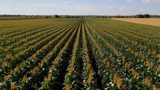 Golden cornfield rows under bright sun with gentle breeze and clear sky during summer harvest