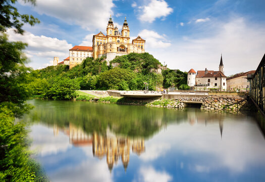 Melk stift, Austria. Benedictine abbey in Wachau valley at sunset.