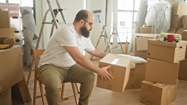 Man bald bearded sits on chair lifting cardboard box with hands amid packed boxes, ladder and moving supplies in apartment; fatigue.