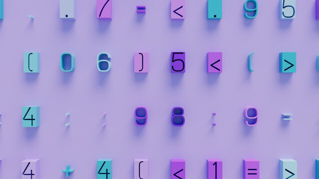 Close-Up of Vibrant Geometric Blocks with Distinct Symbols in Random Arrangement on Light Purple Background, Perfect for Educational Resources, Graphic Design, and Creative Projects