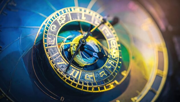 Golden antique astronomical clock with intricate mechanical details.