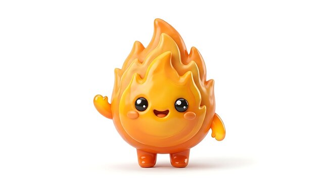 Cute 3D cartoon fire flame character with happy face waving hand orange burning mascot isolated white background kawaii chibi