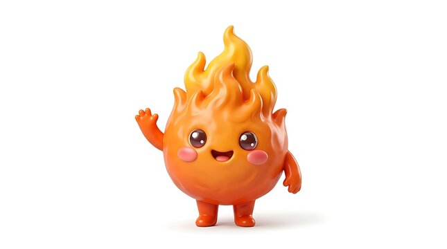 Cute 3D cartoon fire flame character with happy face waving hand orange burning mascot isolated white background kawaii chibi
