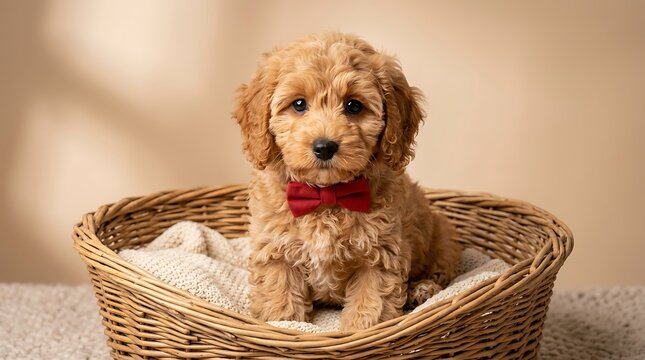 Adorable apricot poodle puppy wearing red bow tie sitting in wicker basket on beige background cute pet portrait isolated