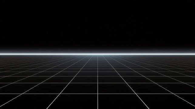Black abstract background with glowing white grid lines and horizon glow, minimalist futuristic design with copy space