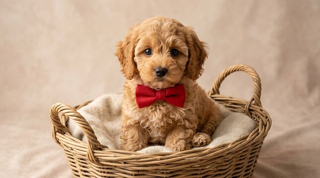 Adorable apricot poodle puppy wearing red bow tie sitting in wicker basket on beige background cute pet portrait isolated