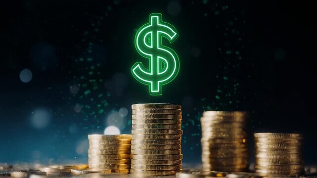 Dollar sign glowing on stack of coins with bokeh background cinematic motion