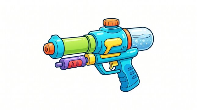 Colorful cartoon water gun blaster toy illustration isolated on white background for summer fun and games
