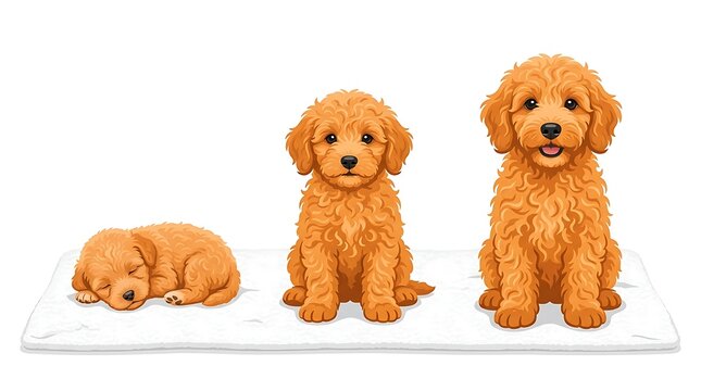 Three stages growth apricot poodle puppy sleeping sitting on white mat isolated background cute fluffy dog development timeline adorable