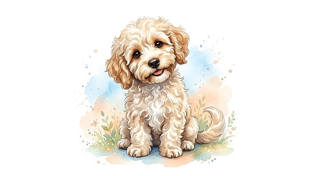 Cute fluffy cream puppy sitting watercolor painting pastel splashes isolated beige background hand drawn illustration adorable pet