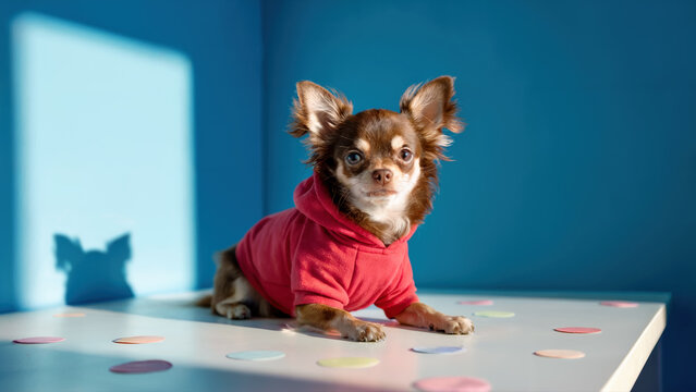 Brown Chihuahua dog in red hoodie posing on colorful studio table against blue wall for pet fashion