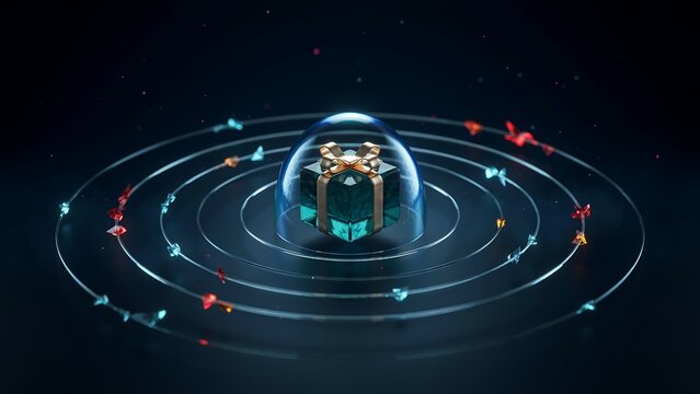 A teal gift box with a golden ribbon protected inside a transparent glass dome surrounded by glowing orbital rings on a dark blue background