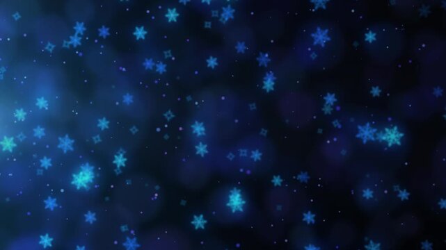 青い幻想的な光の中を横に流れる雪の結晶とパーティクルのループ背景動画 / Looping background video of snowflakes and particles drifting horizontally through ethereal blue light