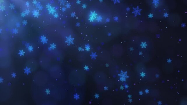 青い幻想的な光の中を舞い落ちる雪の結晶とパーティクルのループ背景動画 / Looping background video of snowflakes and particles drifting down amidst ethereal blue light