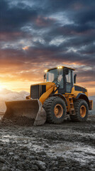 Fototapeta premium Heavy yellow bulldozer with large tires working on muddy ground at sunset