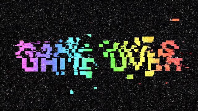 Retro arcade game over text glitching with vibrant rainbow spectrum against dark background