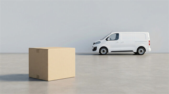 Minimalist Empty Cardboard Box with White Delivery Van on Concrete Floor