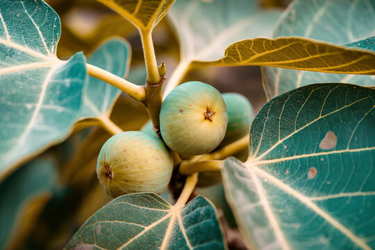 Green figs growing on branch with blue leaves for fresh fruit nature macro background