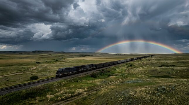 Freight train traveling through a vast prairie under a stormy rainbow sky