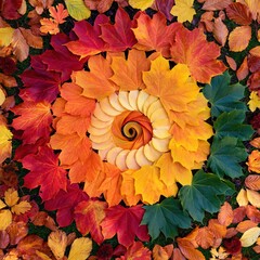 Obraz premium Spiral pattern of autumn leaves in red, orange, yellow and green arranged on grass, showcasing seasonal color transition and natural symmetry
