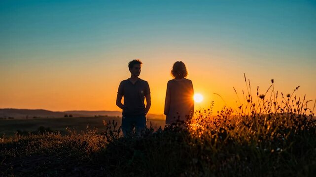 Couple silhouetted against a vibrant sunset over rolling hills. Two people stand on a hilltop watching the sun dip below the horizon, casting a warm glow over the landscape