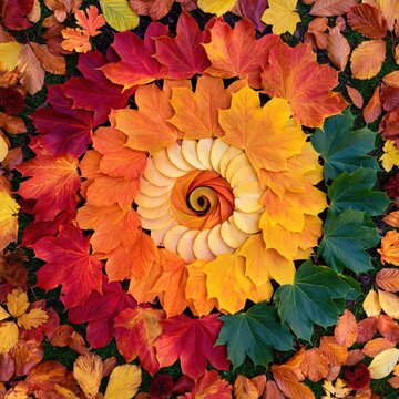 Spiral pattern of autumn leaves in red, orange, yellow and green arranged on grass, showcasing seasonal color transition and natural symmetry
