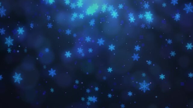 青い幻想的な光の中を舞い落ちる雪の結晶とパーティクルのループ背景動画 / Looping background video of snowflakes and particles drifting down amidst ethereal blue light