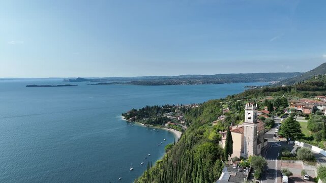 Aerial view of Lake Garda, Toscolano-Maderno, Chiesa dei Santi Faustino e Giovita - Monte Maderno, Province of Brescia, Lombardy, Italy