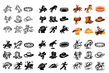 Obraz premium Rodeo and western concept icons with cowboy, horse, and lasso for sports app design in dynamic solid style
