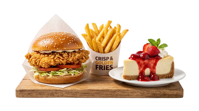 Crispy chicken burger with golden fries and strawberry cheesecake, fast food combo meal on wooden board, delicious restaurant lunch menu isolated PNG with Transparent Background
