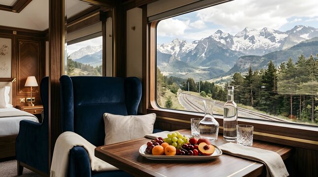 Luxury train compartment interior with scenic mountain view from window