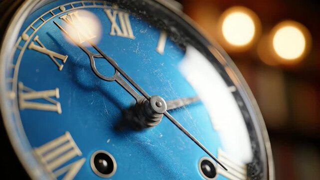 Close up of vintage blue clock face with roman numerals