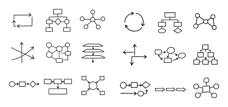 Information flow and process icon set with arrows diagram flow chart and visual scheme for infographic design in sketch illustration