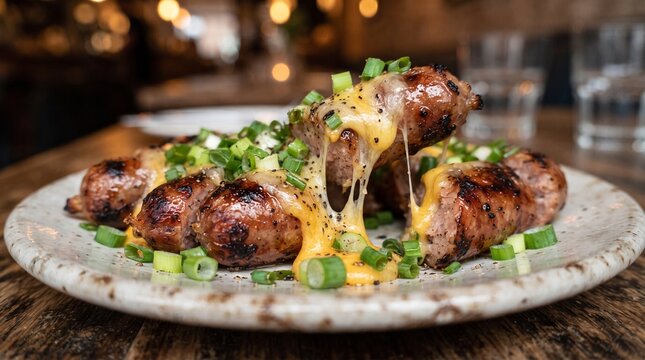 Grilled sausages topped with melted cheddar cheese and spring onions, featuring a smoky crust and rich creamy texture.